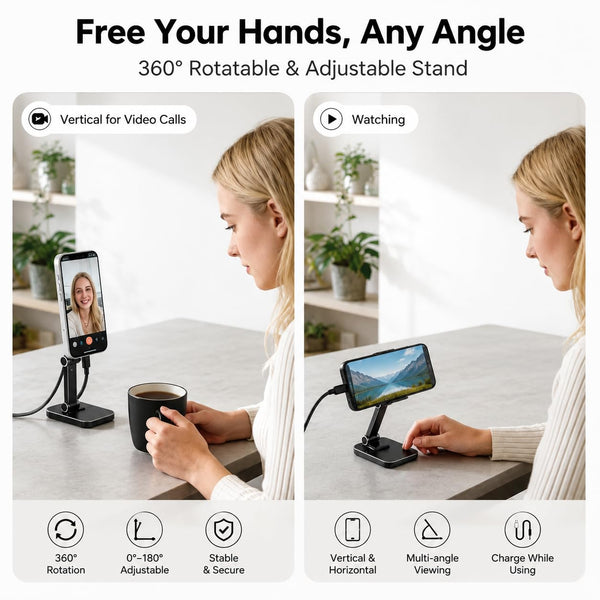 HUPLA 240W USB Type-C Fast Charging Cable with Built-in Foldable Mobile Stand | Braided USB-C to USB-C Charging & Data Cable | Black – 1 Pc
