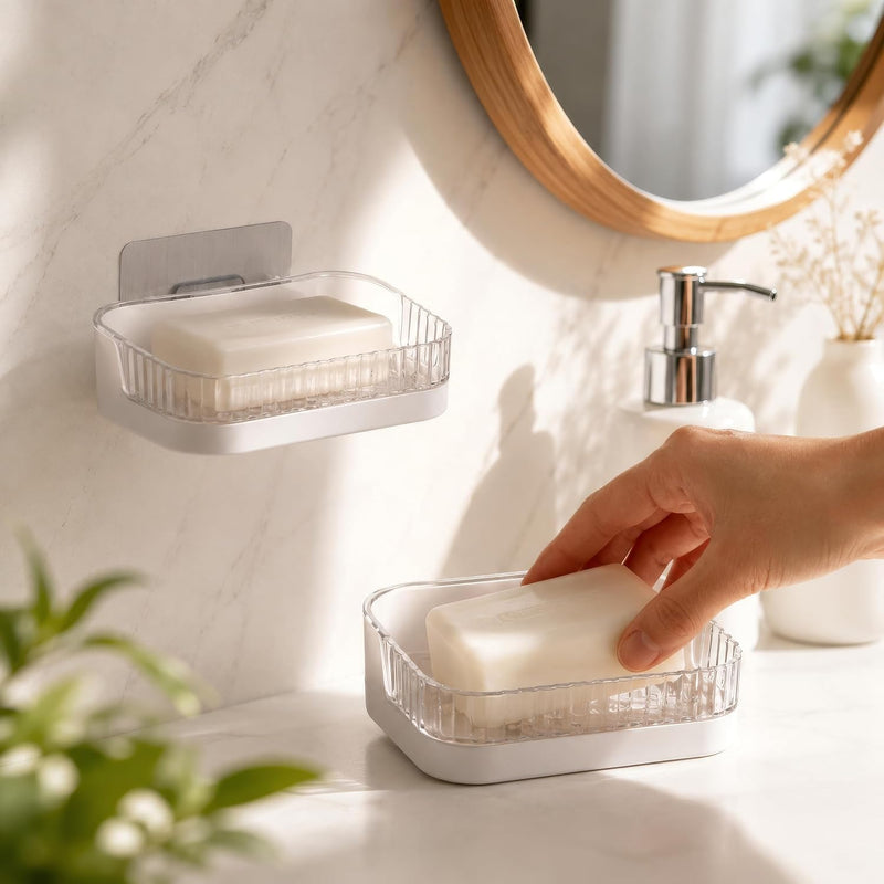 HUPLA Transparent Wall Mounted Soap Holder with Drainage | Self-Adhesive No-Drill Soap Dish for Bathroom, Kitchen & Washbasin | Clear Plastic Soap Organizer