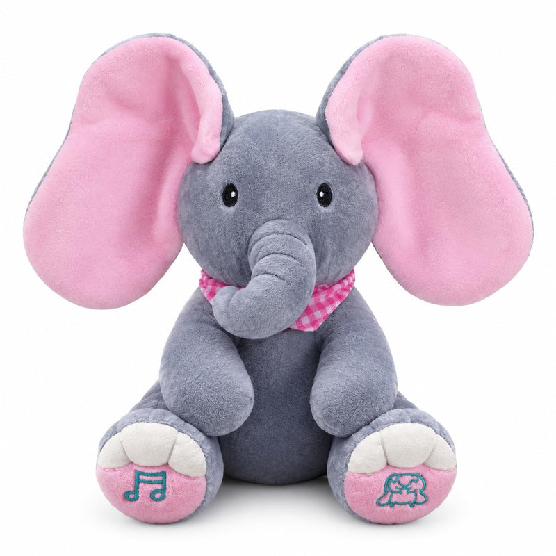 HUPLA Peek A Boo Elephant Soft Toy for Kids | Interactive Musical Plush Elephant with Moving Ears, Singing & Peekaboo Action | Battery Operated Baby Toy – Grey & Pink