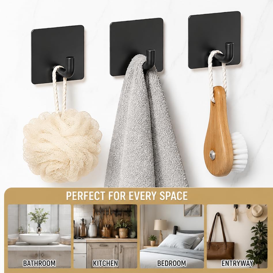 HUPLA Self-Adhesive Wall Hooks Pack of 3 | Black Stainless Steel No-Drill Towel & Clothes Hangers | Rust-Resistant Wall Mounted Hooks for Bathroom, Kitchen & Home