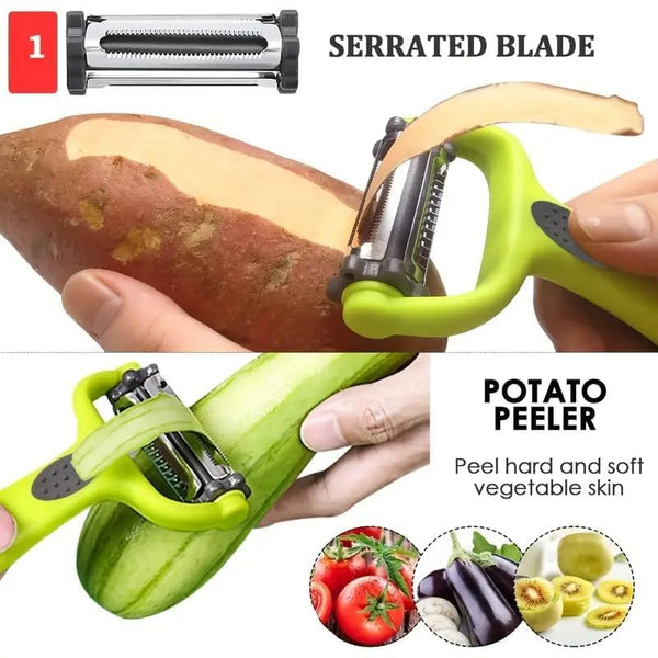 HUPLA 3-in-1 Vegetable Peeler & Julienne Slicer | Multifunction Stainless Steel Blade Peeler for Potato, Carrot, Cucumber & Vegetables | Ergonomic Kitchen Tool – Green