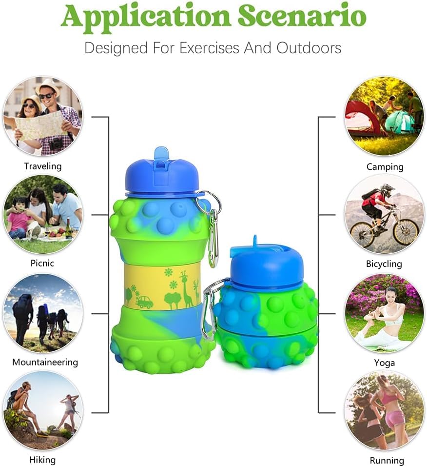 HUPLA Kids Collapsible Silicone Water Bottle with Straw & Carrying Clip | Foldable Reusable Drinking Bottle with 3D Bubble Design for School, Travel & Outdoor Activities – Green & Blue