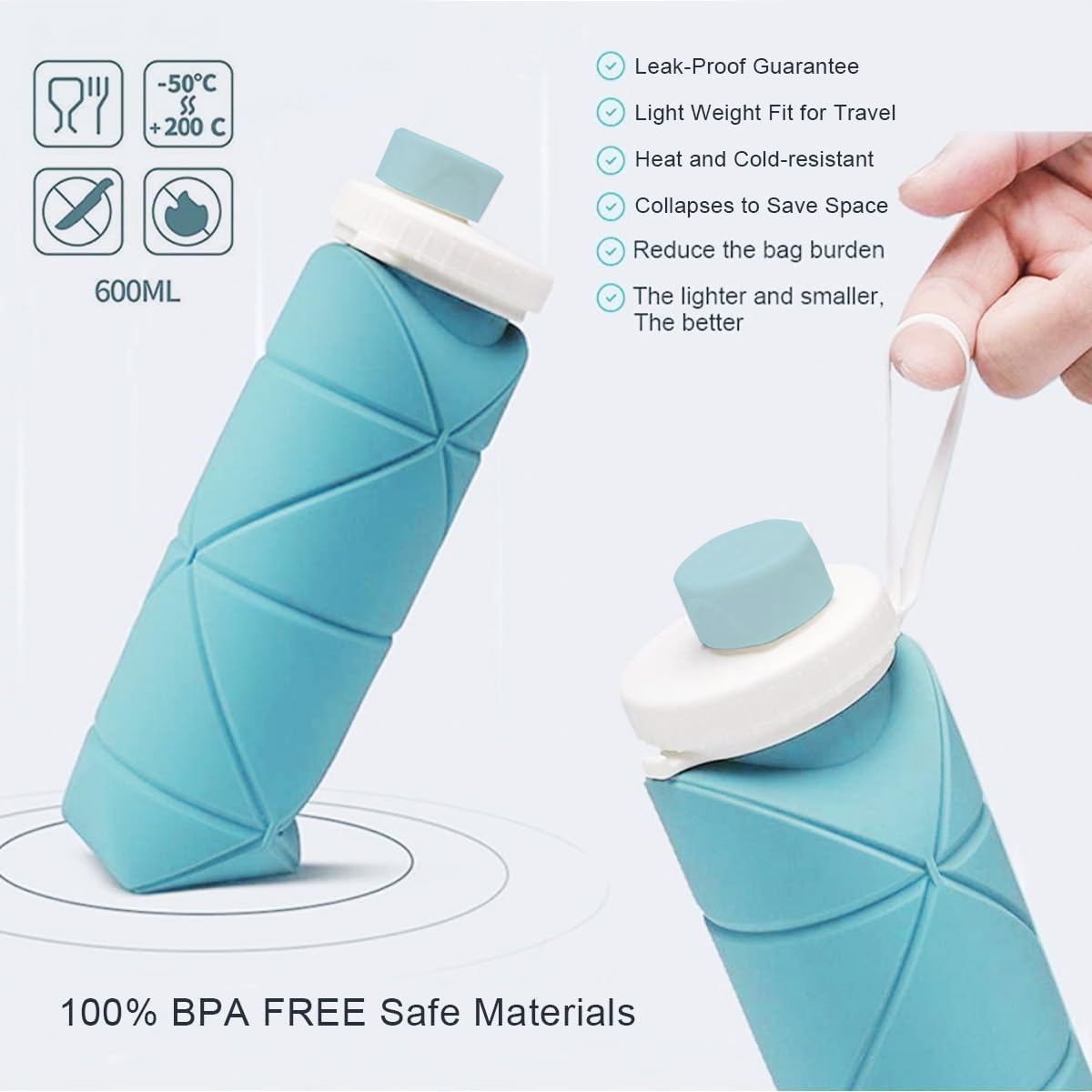 HUPLA Collapsible Silicone Water Bottle | Foldable & Reusable Drinking Bottle with Leak-Resistant Cap and Carrying Strap for Travel, Gym, Hiking & Outdoor Use – Sky Blue