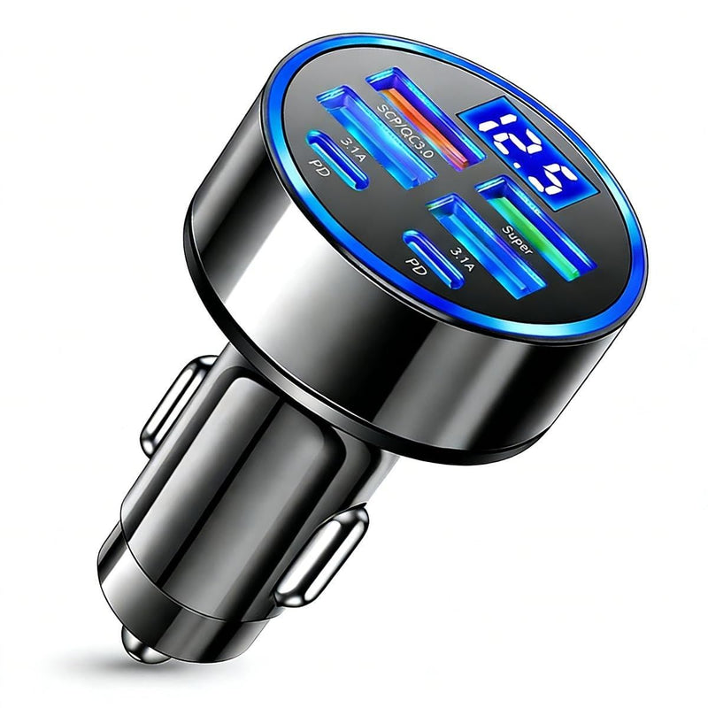 HUPLA 6-Port USB Car Charger with Digital Voltage Display | 4 USB-A + 2 USB-C PD Charging Ports | QC 3.0 Multi-Port Car Charging Adapter for Mobile Phones & Gadgets – Black