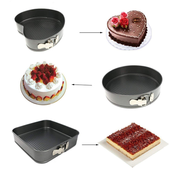 3-Piece Non-Stick Springform Cake Mould Set – Heart, Round & Square Baking Pans for Cakes, Cheesecakes & Desserts