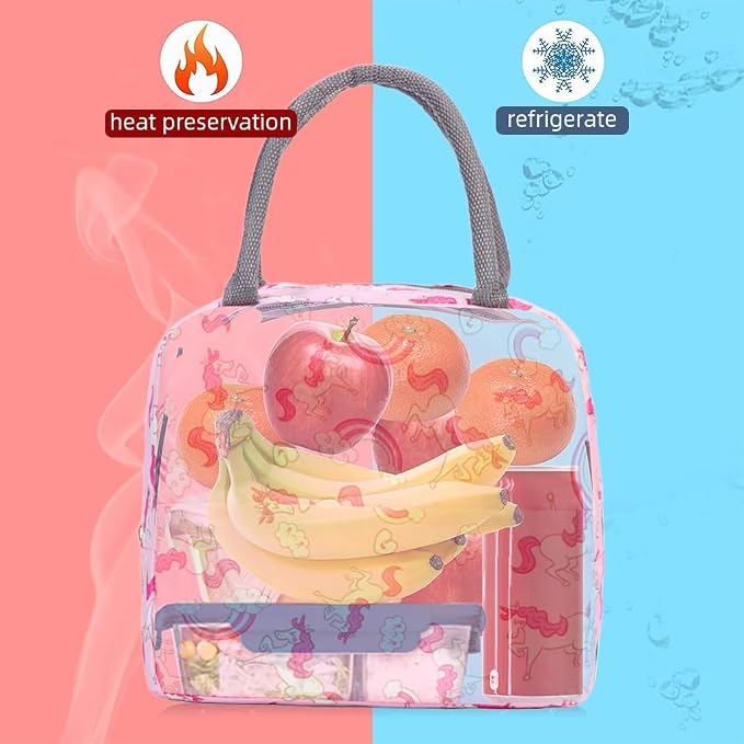Insulated Lunch Bag for School, Office & Travel – Pink Unicorn Print