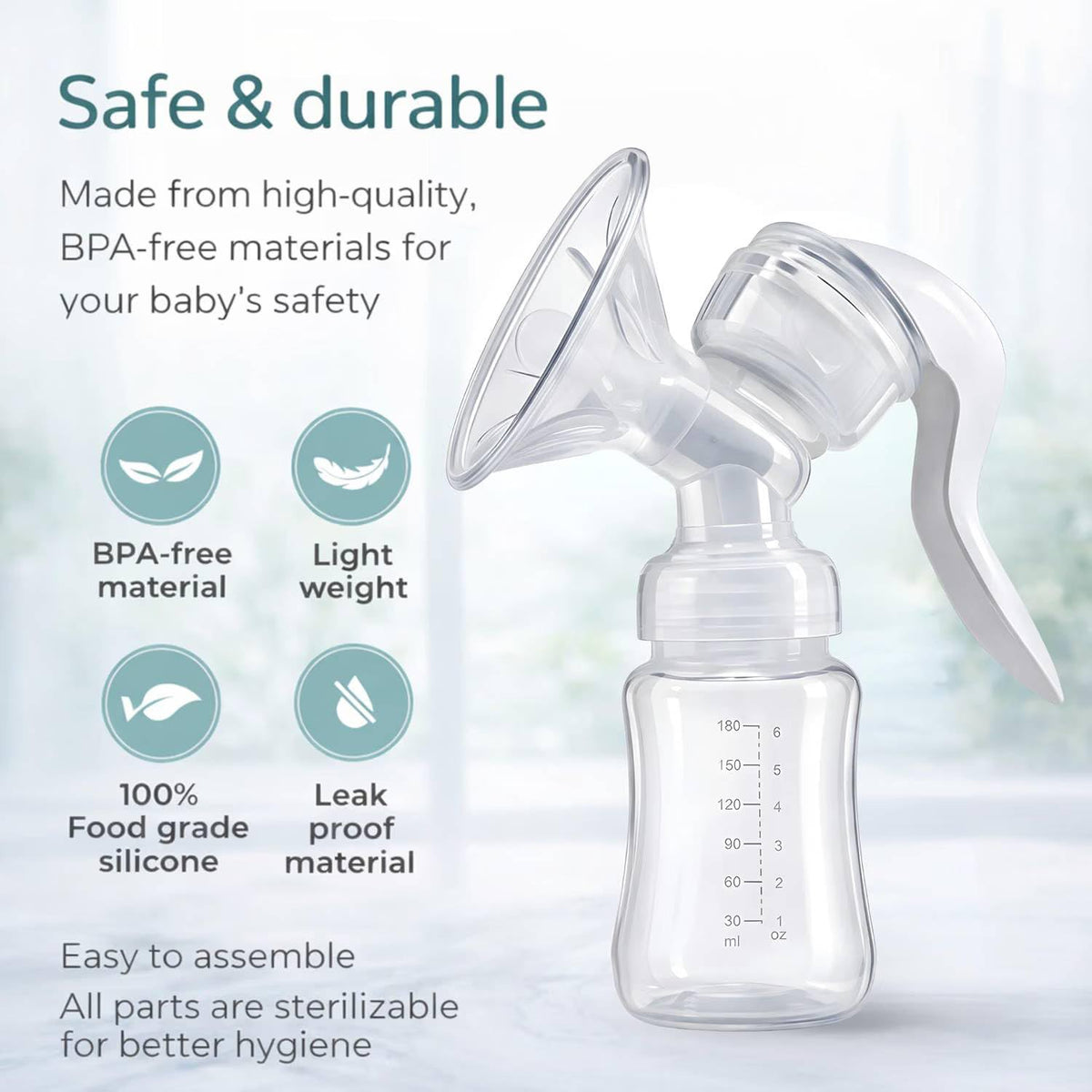 HUPLA Manual Breast Pump with 150ml Milk Collection Bottle | Hand-Operated Breast Milk Pump with Soft Silicone Cushion, Ergonomic Handle & Feeding Nipple | Portable Breastfeeding Accessory for Mothers