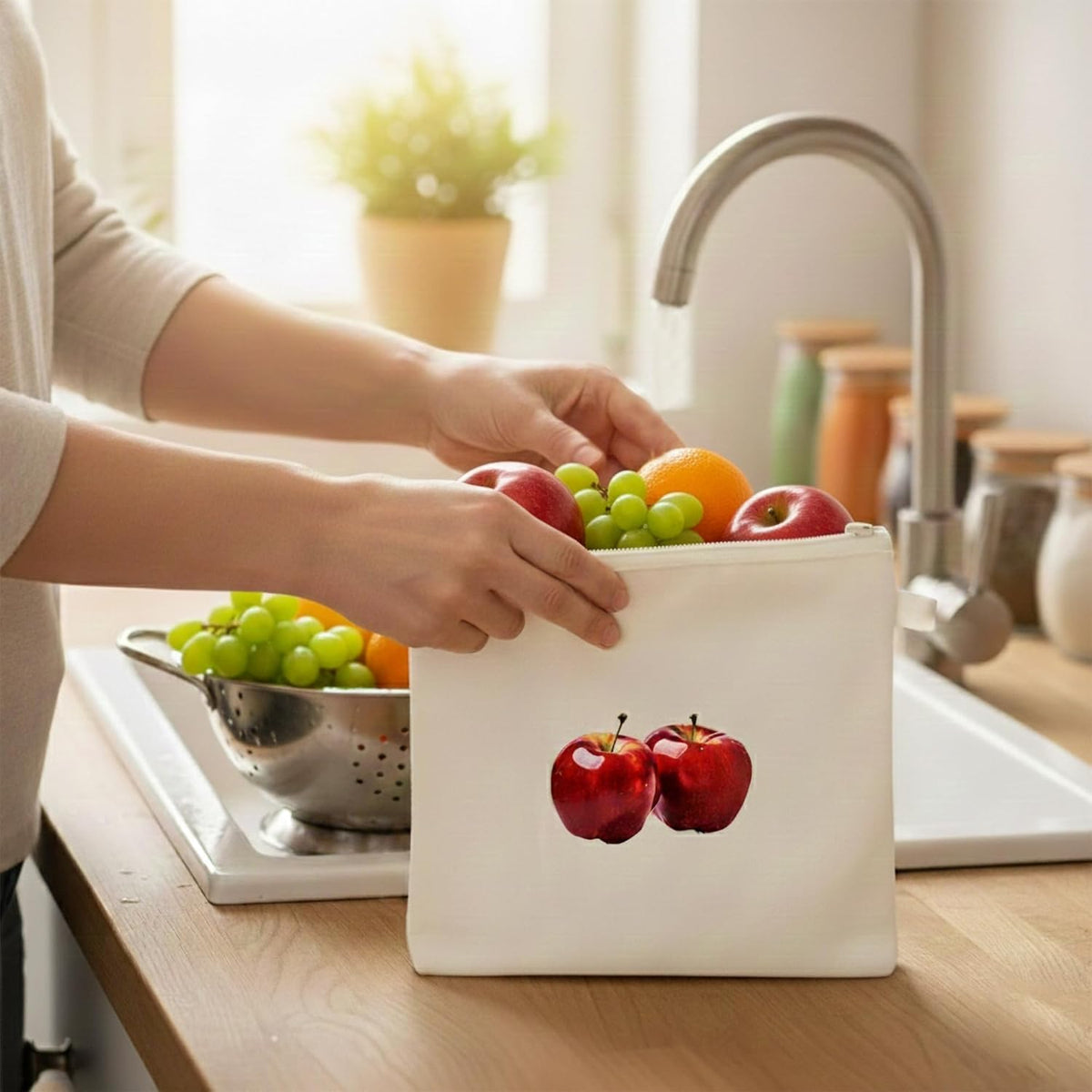 HUPLA Reusable Vegetable & Fruit Storage Bags with Drawstring | Breathable Fabric Kitchen Storage Pouches for Onion, Potato, Tomato & Fresh Produce | Washable Grocery Organizer Bags – Beige