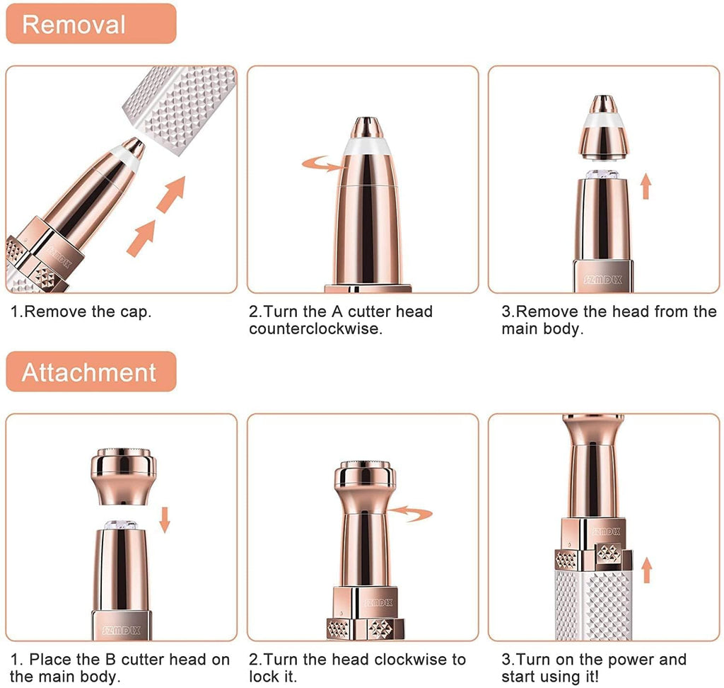 HUPLA 2-in-1 Rechargeable Hair Remover & Eyebrow Trimmer for Women | Face, Nose & Body Hair Removal | Painless Electric Facial Razor with LED Light
