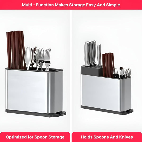 HUPLA Multipurpose Kitchen Knife & Cutlery Organizer Stand | Countertop Storage Holder for Knives, Spoons, Forks & Chopsticks | Multi-Compartment Kitchen Utensil Rack – Silver & Black