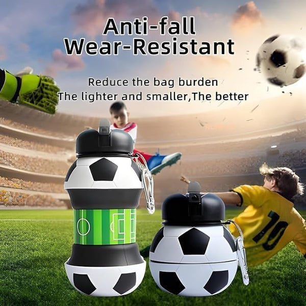 HUPLA Football Design Collapsible Silicone Water Bottle for Kids | Foldable Sports Drinking Bottle with Sipper Spout & Carabiner Clip | Portable Water Bottle for School, Football, Travel & Outdoor Activities – Black, White & Green