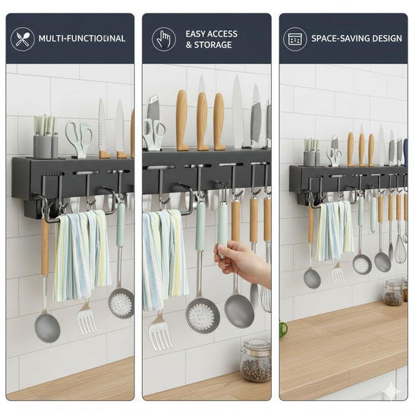 HUPLA Multifunctional Wall Mounted Kitchen Organizer Rack | Knife Holder, Utensil Storage, Hanging Hooks & Towel Bar | Space Saving Kitchen Storage Rack – Black