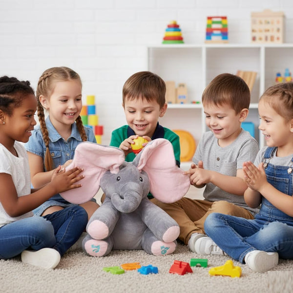 HUPLA Peek A Boo Elephant Soft Toy for Kids | Interactive Musical Plush Elephant with Moving Ears, Singing & Peekaboo Action | Battery Operated Baby Toy – Grey & Pink