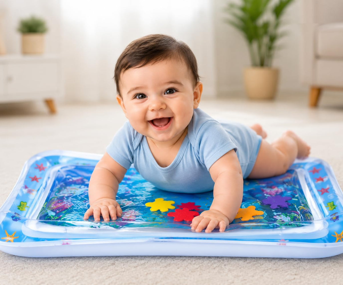 HUPLA Inflatable Baby Tummy Time Water Play Mat | Sensory Activity Mat with Floating Sea Animals for Infants | Blue