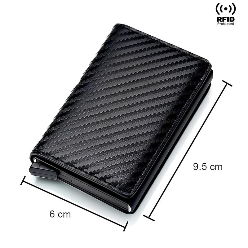 HUPLA Automatic Pop-Up Card Holder for Men | Slim RFID-Style Card Wallet with Push Button | Black Carbon Fibre Pattern Card Case