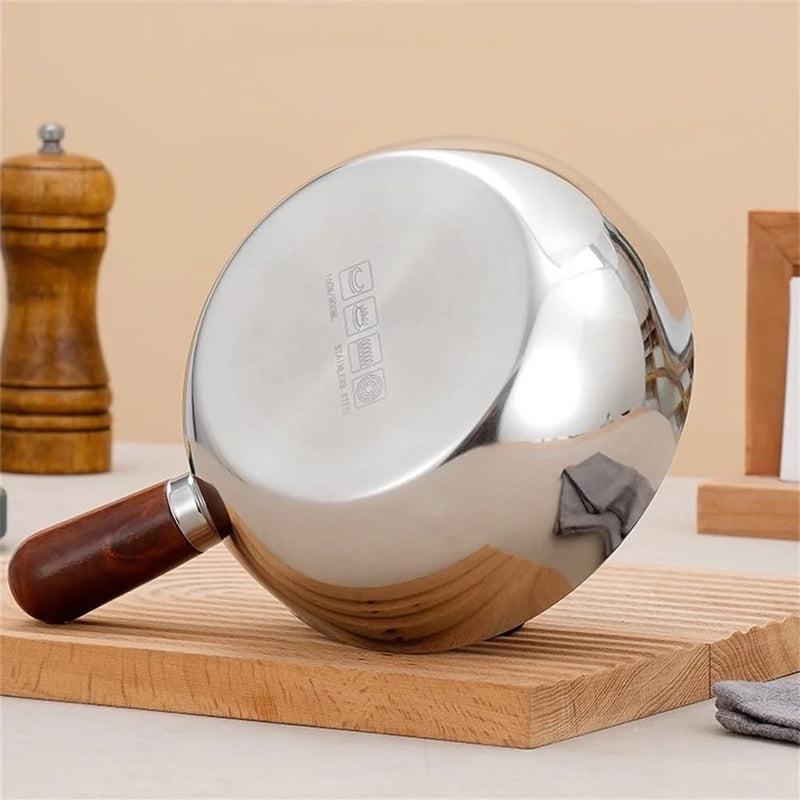 HUPLA Stainless Steel Mini Frying Pan with Wooden Handle | Deep Round Cooking Pan for Frying, Sautéing & Small Portion Cooking | Compact Kitchen Cookware – Silver