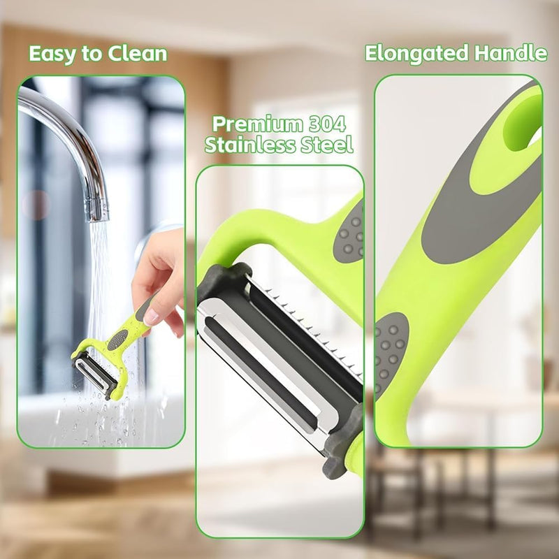 HUPLA 3-in-1 Vegetable Peeler & Julienne Slicer | Multifunction Stainless Steel Blade Peeler for Potato, Carrot, Cucumber & Vegetables | Ergonomic Kitchen Tool – Green