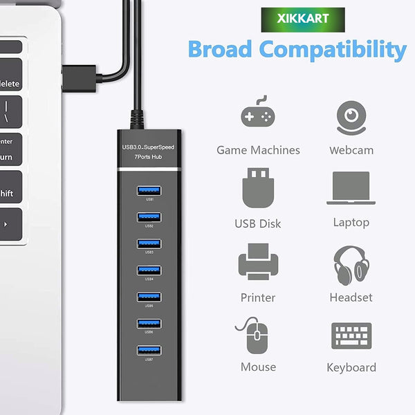 USB 3.0 7-Port Hub with Individual Power Switches & LED Indicators | High-Speed Data Transfer | Plug & Play USB Splitter for Laptop, PC, Mac, Gaming Console