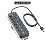 USB 3.0 7-Port Hub with Individual Power Switches & LED Indicators | High-Speed Data Transfer | Plug & Play USB Splitter for Laptop, PC, Mac, Gaming Console
