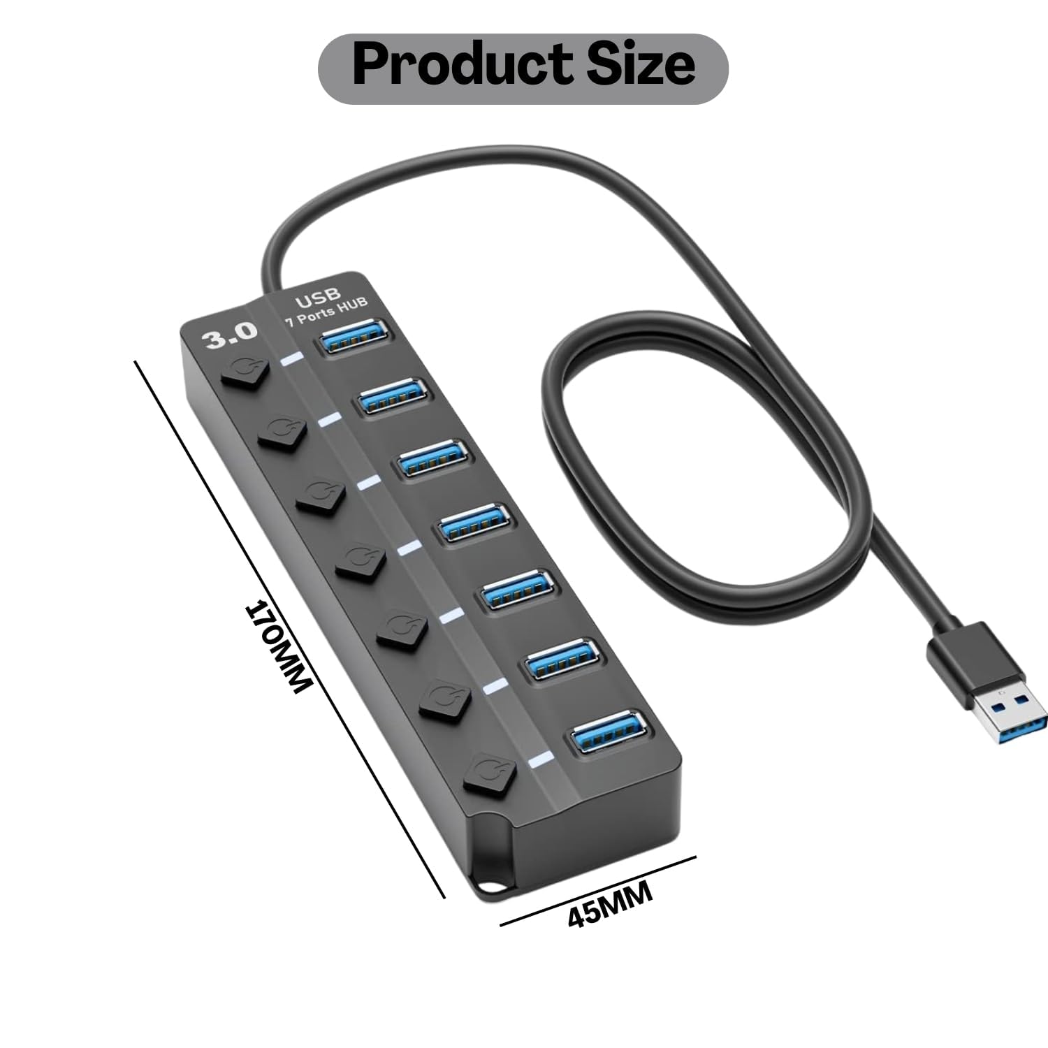 USB 3.0 7-Port Hub with Individual Power Switches & LED Indicators | High-Speed Data Transfer | Plug & Play USB Splitter for Laptop, PC, Mac, Gaming Console