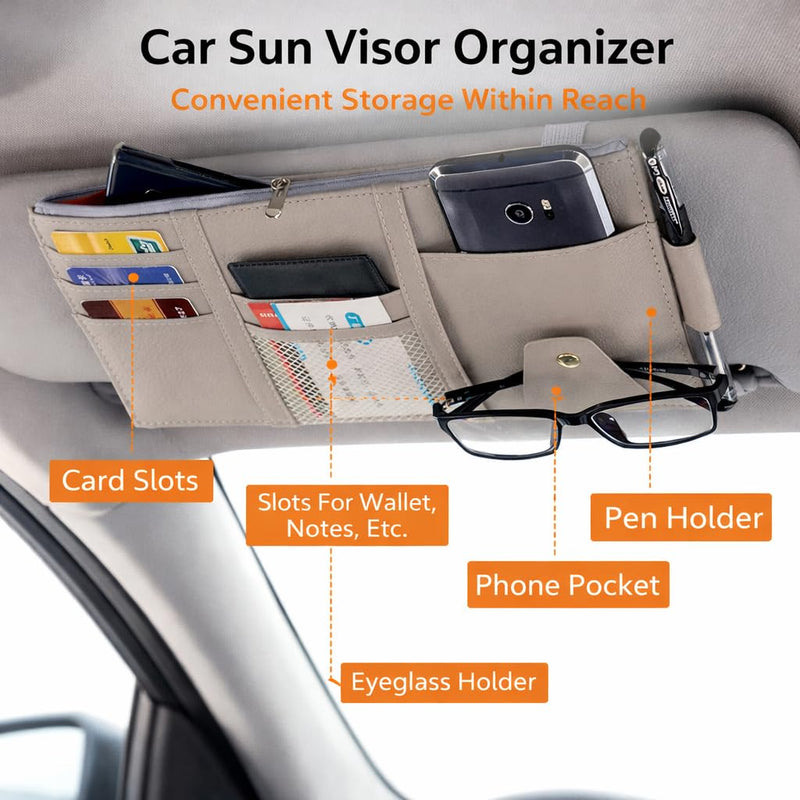 HUPLA Premium Car Sun Visor Organizer | PU Leather Auto Document Holder | Multi-Pocket Car Storage Organizer for Cards, Phone, Glasses, Pen & Documents | Universal Car Interior Accessory | Beige HUPLA Premium Car Sun Visor Organizer