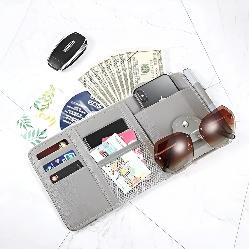 HUPLA Premium Car Sun Visor Organizer | PU Leather Auto Document Holder | Multi-Pocket Car Storage Organizer for Cards, Phone, Glasses, Pen & Documents | Universal Car Interior Accessory | Beige HUPLA Premium Car Sun Visor Organizer