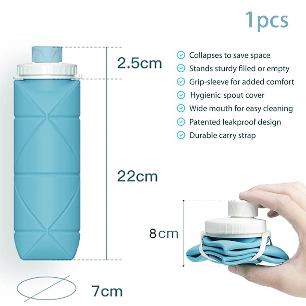 HUPLA Collapsible Silicone Water Bottle | Foldable & Reusable Drinking Bottle with Leak-Resistant Cap and Carrying Strap for Travel, Gym, Hiking & Outdoor Use – Sky Blue