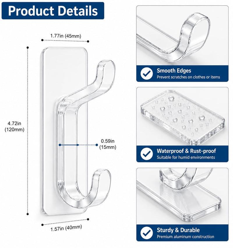 HUPLA Transparent Self-Adhesive Double Wall Hooks pack of 1 | No-Drill 2-in-1 Multipurpose Hooks for Bathroom, Kitchen, Towels, Clothes & Keys | Clear Design – Pack of 6