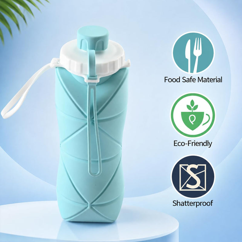 HUPLA Collapsible Silicone Water Bottle | Foldable & Reusable Drinking Bottle with Leak-Resistant Cap and Carrying Strap for Travel, Gym, Hiking & Outdoor Use – Sky Blue