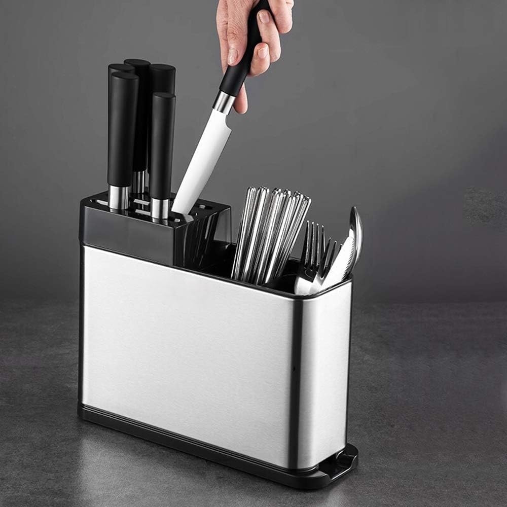HUPLA Multipurpose Kitchen Knife & Cutlery Organizer Stand | Countertop Storage Holder for Knives, Spoons, Forks & Chopsticks | Multi-Compartment Kitchen Utensil Rack – Silver & Black