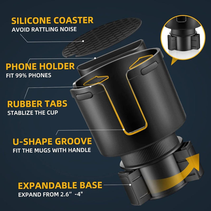HUPLA 2-in-1 Car Cup Holder Expander with Phone Holder | Multifunction Car Drink & Storage Organizer
