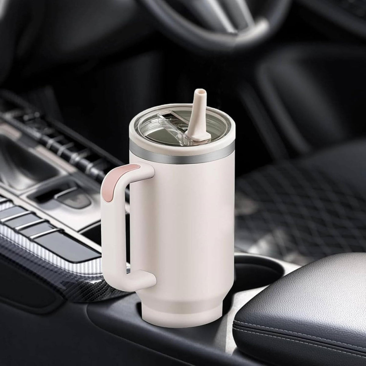 HUPLA Stainless Steel Insulated Travel Tumbler with Handle, Lid & Straw | Double Wall Vacuum Water Bottle for Hot & Cold Drinks | Reusable Coffee Mug – Cream