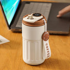 HUPLA Stainless Steel Insulated Coffee Cup with Lid | Portable Hot & Cold Travel Coffee Mug with Carry Strap | Reusable Coffee Tumbler for Office, Home & Travel – White & Brown
