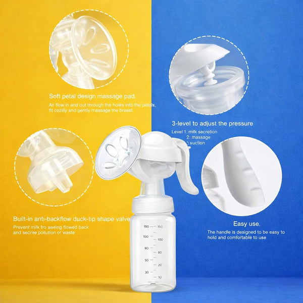 HUPLA Manual Breast Pump with 150ml Milk Collection Bottle | Hand-Operated Breast Milk Pump with Soft Silicone Cushion, Ergonomic Handle & Feeding Nipple | Portable Breastfeeding Accessory for Mothers