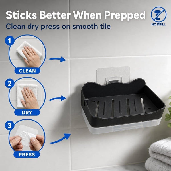 HUPLA Wall Mounted Soap Holder with 2 Hanging Hooks & Drainage Tray | Space Saving Bathroom Soap Dish Organizer | Black – 1 Piece