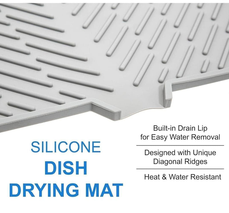 HUPLA Kitchen Sink Draining Mat with Water Drain Spout | Large Dish Drying Mat for Plates, Cups, Glasses & Utensils | Countertop Water Drainage Mat – Grey