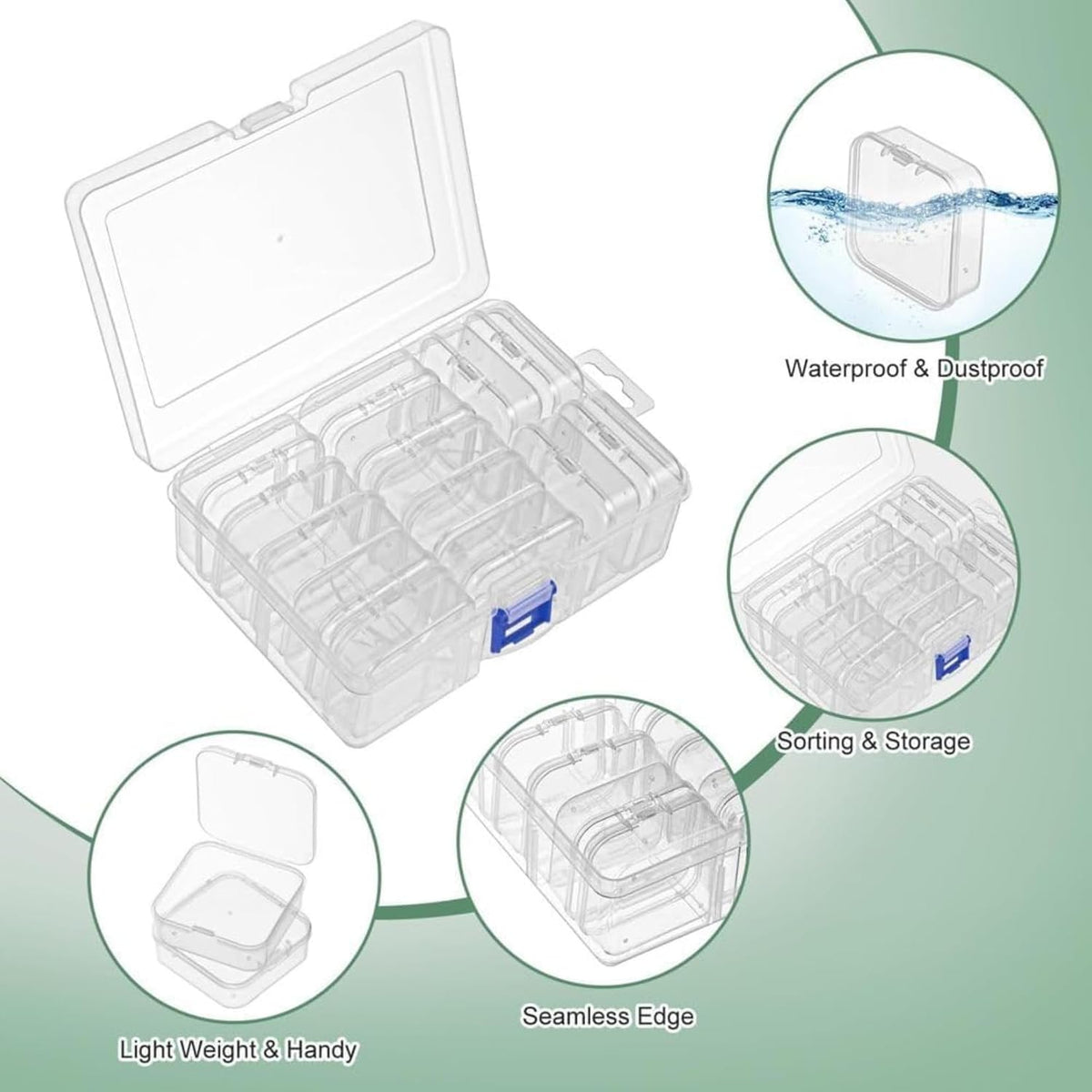 HUPLA Transparent Multipurpose Storage Organizer Box with Lid & Mini Containers | Plastic Compartment Storage Case for Jewellery, Beads, Sewing Accessories & Small Items | Blue Locking Clip
