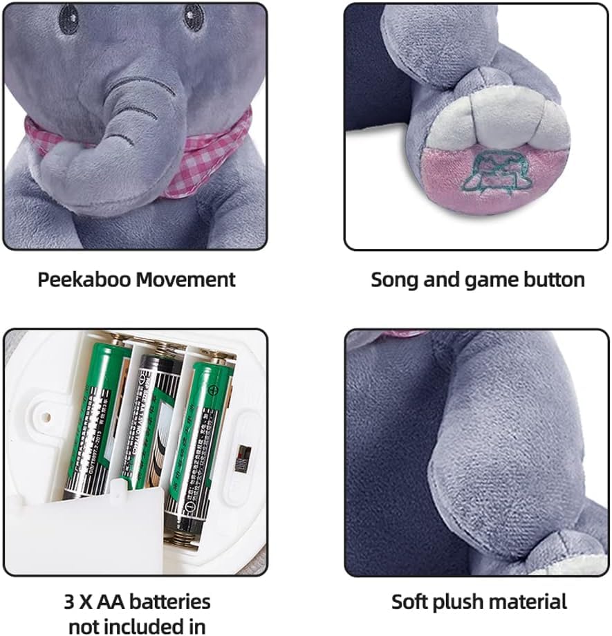HUPLA Peek A Boo Elephant Soft Toy for Kids | Interactive Musical Plush Elephant with Moving Ears, Singing & Peekaboo Action | Battery Operated Baby Toy – Grey & Pink