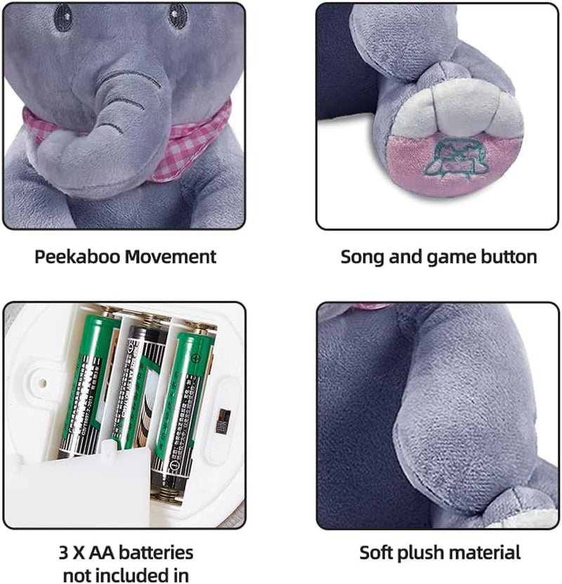 HUPLA Peek A Boo Elephant Soft Toy for Kids | Interactive Musical Plush Elephant with Moving Ears, Singing & Peekaboo Action | Battery Operated Baby Toy – Grey & Pink