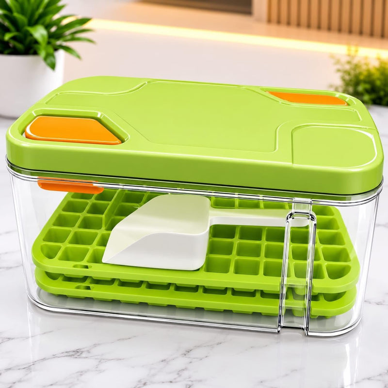 HUPLA Ice Cube Maker Box with Lid & Storage Container | Stackable Ice Cube Trays with Ice Scoop | Reusable Freezer Ice Storage Organizer for Home, Kitchen & Parties – Green