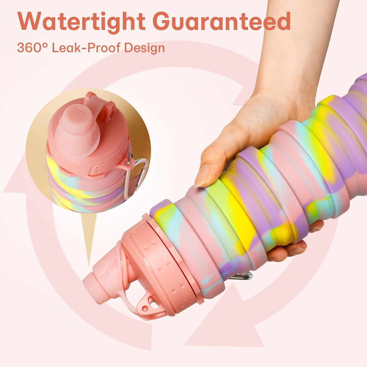 HUPLA Rainbow Collapsible Silicone Water Bottle for Kids | Foldable Reusable Drinking Bottle with Straw Lid & Carrying Clip | Portable Water Bottle for School, Travel & Outdoor Activities – Multicolour