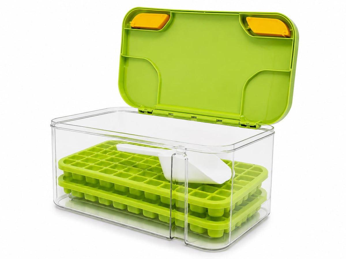 HUPLA Ice Cube Maker Box with Lid & Storage Container | Stackable Ice Cube Trays with Ice Scoop | Reusable Freezer Ice Storage Organizer for Home, Kitchen & Parties – Green