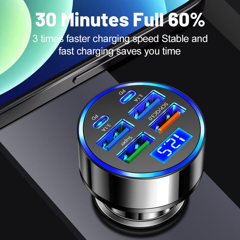 HUPLA 6-Port USB Car Charger with Digital Voltage Display | 4 USB-A + 2 USB-C PD Charging Ports | QC 3.0 Multi-Port Car Charging Adapter for Mobile Phones & Gadgets – Black