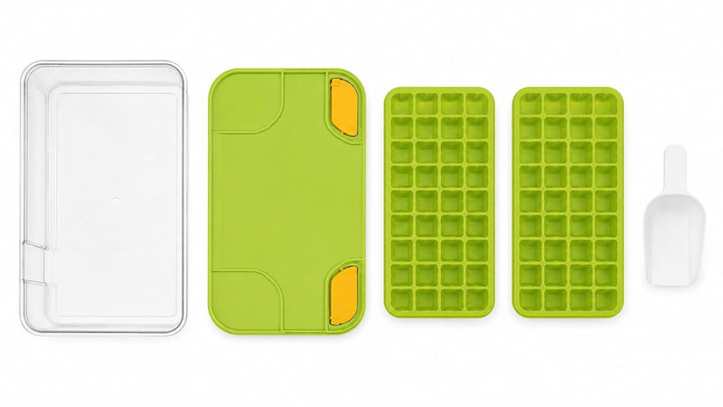 HUPLA Ice Cube Maker Box with Lid & Storage Container | Stackable Ice Cube Trays with Ice Scoop | Reusable Freezer Ice Storage Organizer for Home, Kitchen & Parties – Green