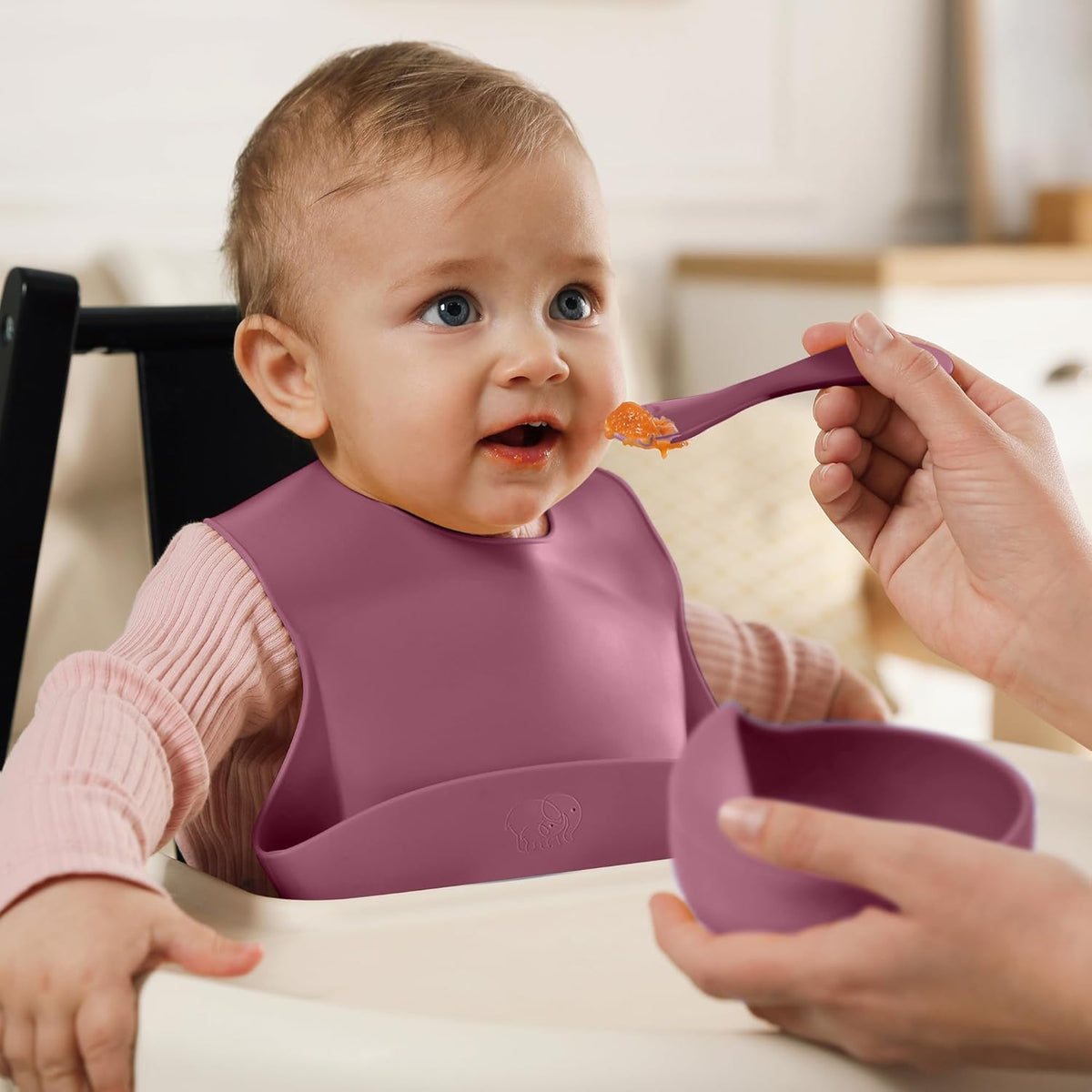 HUPLA Silicone Baby Feeding Bib with Food Catcher Pocket | Adjustable Waterproof Baby Bib with 4 Button Closures | Soft, Reusable & Easy to Clean Bib for Infants and Toddlers – Pink