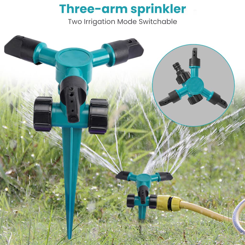 HUPLA 3-Arm Rotating Garden Sprinkler | 360° Lawn Water Sprinkler with Ground Spike for Garden, Plants & Irrigation