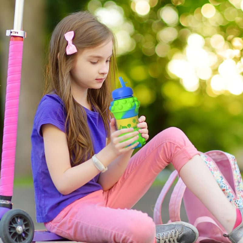 HUPLA Kids Collapsible Silicone Water Bottle with Straw & Carrying Clip | Foldable Reusable Drinking Bottle with 3D Bubble Design for School, Travel & Outdoor Activities – Green & Blue