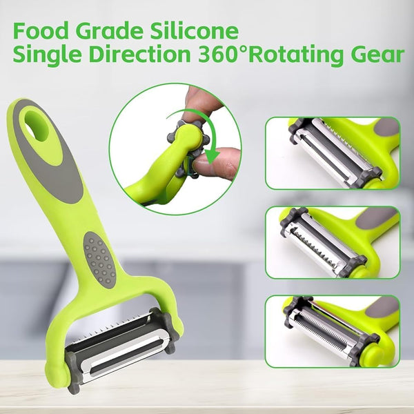 HUPLA 3-in-1 Vegetable Peeler & Julienne Slicer | Multifunction Stainless Steel Blade Peeler for Potato, Carrot, Cucumber & Vegetables | Ergonomic Kitchen Tool – Green