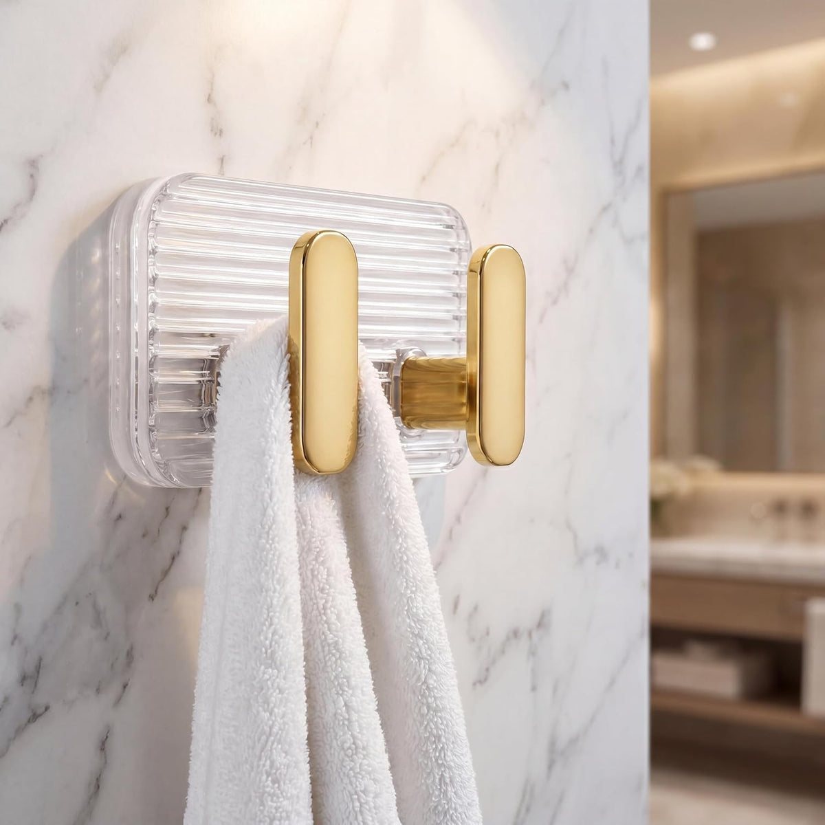 HUPLA Luxury Gold Transparent Double Wall Hook | 2-in-1 Wall Mounted Hanger with Clear Ribbed Back Plate for Towels, Loofahs, Keys & Accessories – Single Piece