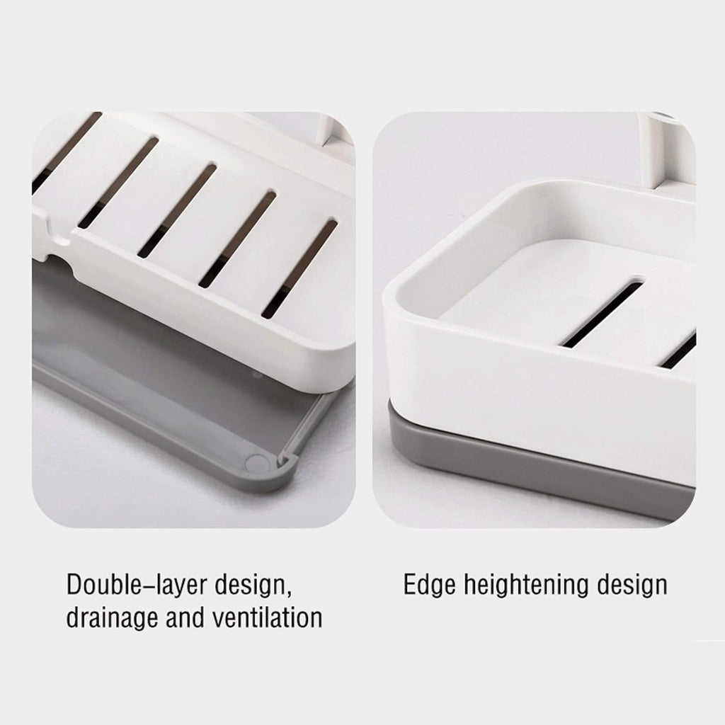 HUPLA Wall Mounted Soap Holder with Drainage | Double Mount No-Drill Style Soap Dish, Bathroom Soap Tray & Space Saving Soap Organizer | White & Grey – 1 Piece